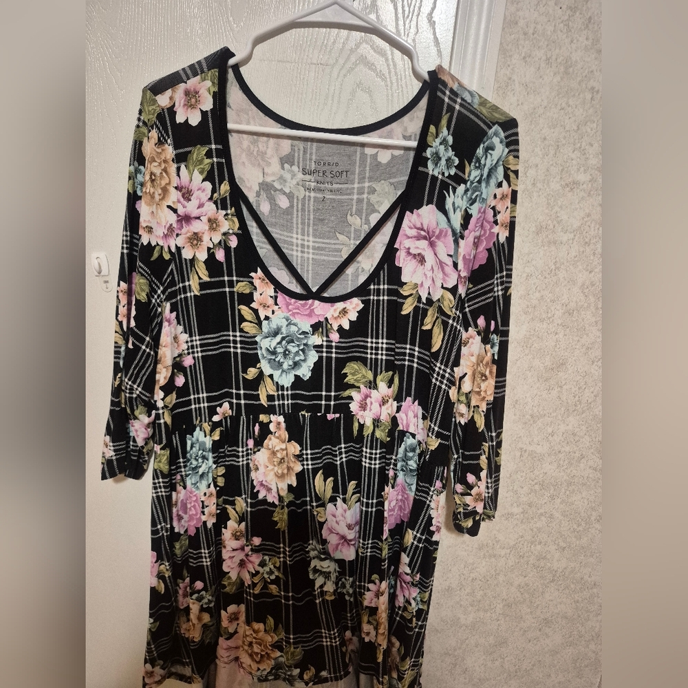 Torrid Black Floral Plaid Blouse
